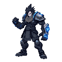 an giant fist cyber warrior,  pointed black hairs. blue and dark silver neon giant gloves, pointed black hairs, side-view