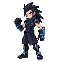 an giant fist cyber warrior,  pointed black hairs. blue and dark silver neon giant gloves, pointed black hairs, side-view