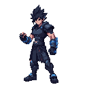 an giant fist cyber warrior,  pointed black hairs. blue and dark silver neon giant gloves, pointed black hairs, side-view