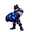 an giant fist cyber warrior,  pointed black hairs. blue and dark silver neon giant gloves, pointed black hairs, side-view