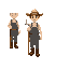wearing a straw hat, overalls, boots, and holding a pitchfork. each pose is separated in a sprite grid, with clear walking stance. designed for a retro-style farming simulation game.