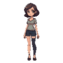 o personagem seria uma mulher baixa, com cabelo cacheado e curto e tbm com uma franja, de tonalidade parda, o estilo dos personagens de enigma do medo, 64x64xp, 7 sprites por coluna, quero ela andando