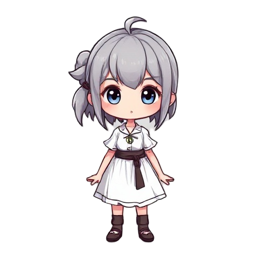  a short girl with grey hair that goes until her neck, she only have only white dress and she looks like a pirate
