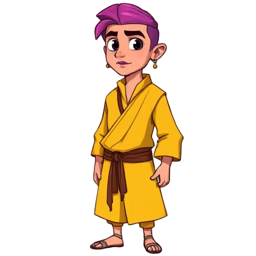 skinner and tall male with purple/pink degrading hair that goes until his neck, earings in both ears, black eye and purple lips, he use yellow clothes like indigenous medieval clothes