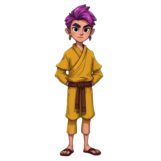 skinner and tall male with purple/pink degrading hair that goes until his neck, earings in both ears, black eye and purple lips, he use yellow clothes like indigenous medieval clothes