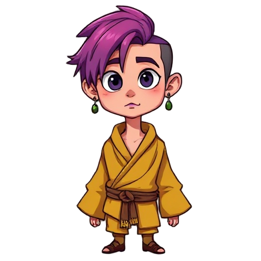 skinner and tall male with purple/pink degrading hair that goes until his neck, earings in both ears, black eye and purple lips, he use yellow clothes like indigenous medieval clothes