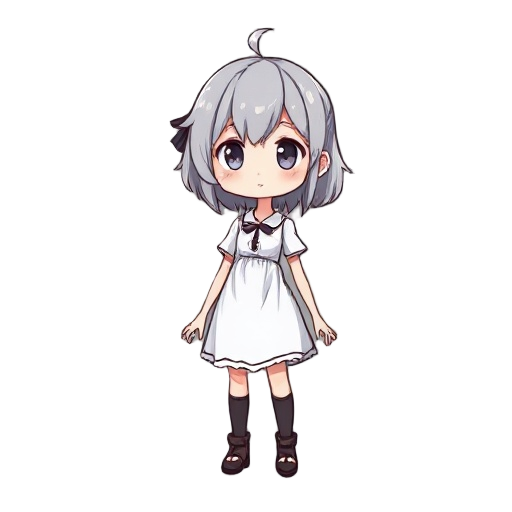  a short girl with grey hair that goes until her neck, she only have only white dress and she looks like a pirate