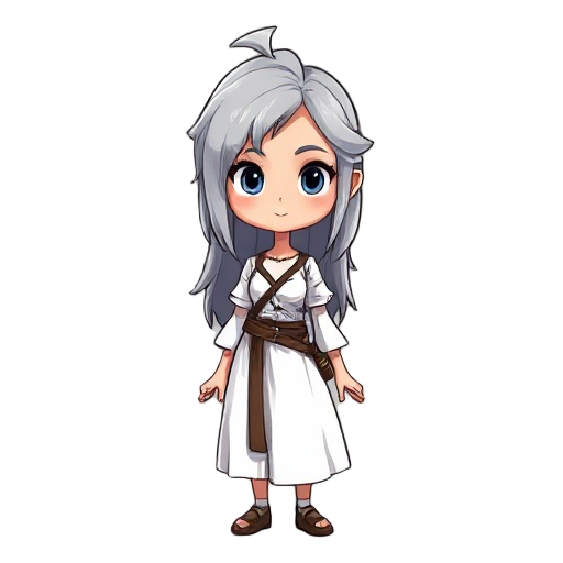  a short woman with grey hair that goes until her neck, she only have only white dress and she looks like a pirate