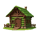 medieval  green cabin  designed for a retro-style farm simulation game.