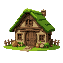 medieval  green thatched cottage with potion pots by the door  designed for a retro-style farm simulation game.