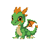 a 2d pixel art dragon, 32x32 resolution, in a retro 16-bit video game style. the dragon is small and cute, with vibrant green scales, glowing yellow eyes, and tiny wings. it has a playful expression,