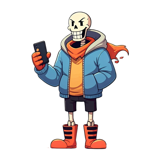 toby fox style, undertale papyrus, overworld sprite, holding phone on right hand, showing something