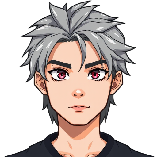 create a 25 years old adult male vtuber model, having messy long hair, metallic gray hair, light skin and sharp eye. make it in pixel anime style, facing front. make them look manly.
