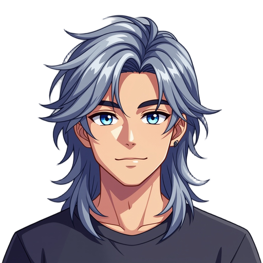 create a 25 years old adult male vtuber model, having messy long hair, metallic gray hair, light skin and sharp eye. make it in pixel anime style, facing front. make them look manly.