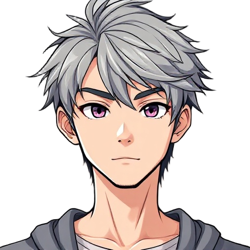 create a 25 years old adult male vtuber model, having messy long hair, metallic gray hair, light skin and sharp eye. make it in anime style, facing front. make them look manly.