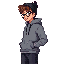 personagem adolecente chamado billy com 14 anos de idade usando um moleton sem ziper com toca e cadarços da toca e usando tambem calça jeans preta e um oculos 