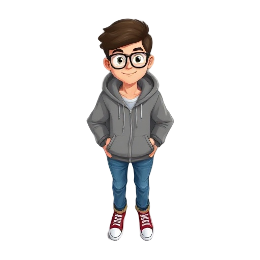 personagem adolecente chamado billy com 14 anos de idade usando um moleton sem ziper com toca e cadarços da toca e usando tambem calça jeans preta e um oculos 