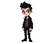  dark hair pompadour, pale skin, dark eyes w/ red/dark circles. dark brown jacket, light shirt, dark pants. serious/grim expression. dark, detailed blue/grey ruins background, chair left, drawn object right. focused lighting.