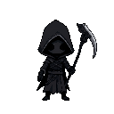 death, dark theme, character has scythe, assassin-like, pixel-art, no face, long height, not like chibi, little head