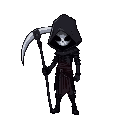 death, dark theme, character has scythe, assassin-like, pixel-art, no face, long height, not like chibi