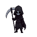 death, dark theme, character has scythe, assassin-like, pixel-art, no face