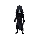 death, dark theme, character has scythe, assassin-like, pixel-art, no face, long height, scary