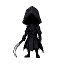 death, dark theme, character has scythe, assassin-like, pixel-art, no face, long height, not like chibi, small head