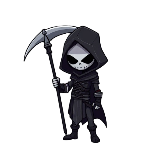 death, dark theme, character has scythe, assassin-like, pixel-art