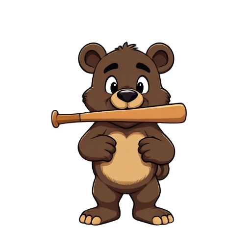 a bear with a baseball bat in its mouth.