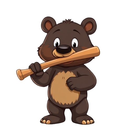 a realistic bear with a baseball bat in its mouth.