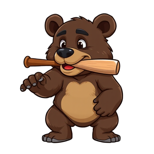 a realistic bear on all fours with a baseball bat in its mouth, looking away.