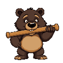 a realistic bear with a baseball bat in its mouth.