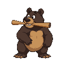 a realistic bear on all fours with a baseball bat in its mouth, looking away.