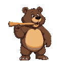 a realistic bear on all fours with a baseball bat in its mouth, looking away.