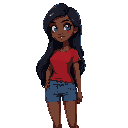  young, dark-skinned female character with long, wavy black hair and striking blue eyes. t shirt red and a jeans short. full body