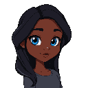  young, dark-skinned female character with long, wavy black hair and striking blue eyes. 