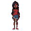  young, dark-skinned female character with long, wavy black hair and striking blue eyes. t shirt red and a jeans short. full body