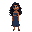 young, dark-skinned female character with long, wavy black hair and striking blue eyes. 