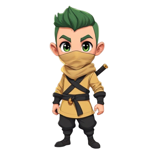 um personagem de 31 anos, 1,90 metro de altura, olhos castanho esverdeado, cabelo curto, roupa de monge budista e ninja ao mesmo tempo na cor amarela com branco
