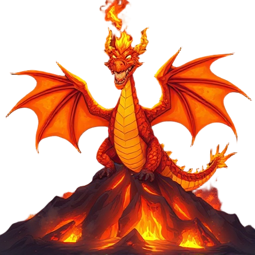a colossal fire dragon emerging from a volcano, its scales glowing like molten lava, wings spread wide with burning edges, eyes shining with intense flame, exhaling a stream of fire that lights up the dark night sky. the environment is filled with smoke, 