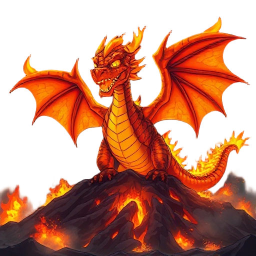 a colossal fire dragon emerging from a volcano, its scales glowing like molten lava, wings spread wide with burning edges, eyes shining with intense flame, exhaling a stream of fire that lights up the dark night sky. the environment is filled with smoke, 