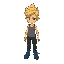 short yellow pixie hair, gray tank top, dark green pants, blue combat shoes