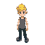 short yellow pixie hair, gray tank top, dark green pants, blue combat shoes