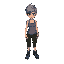 short pixie hair, gray tank top, dark green pants, blue combat shoes