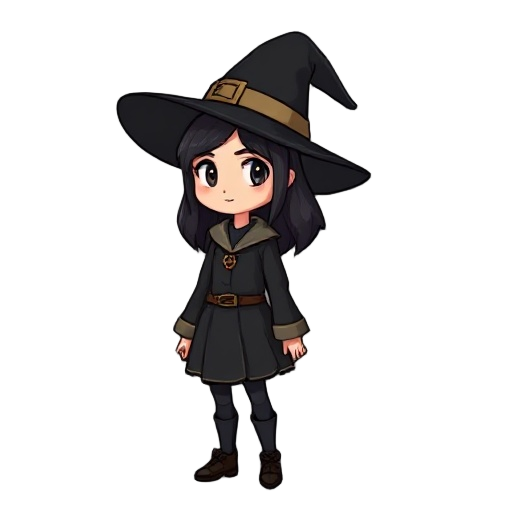 stardew valley style young witch girl with black outfit