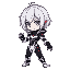 a ro character, a girl with silver hair, short hair, purple eyes, black and white sci-fi body suit, red accent, in combat stance