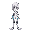 jrpg character design, a girl with silver hair, short hair, light purple eyes, wearing white form fitting scifi body suit with black and blue accent, standing in combat stance, full body view