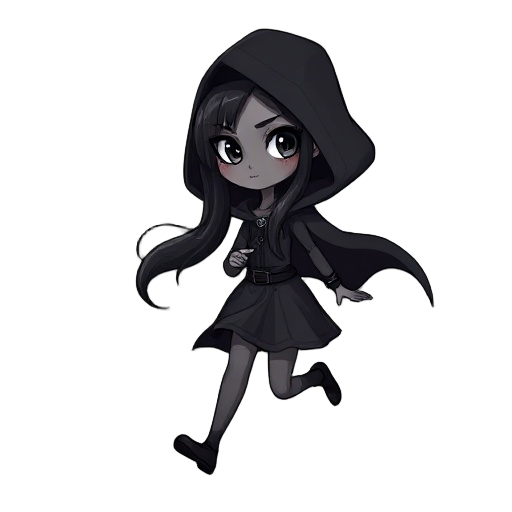 a gothic woman, long black hair, dark gray skin, black eyes, wearing a black hooded cloak, fly, run, walk, crawl, and idle.