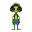 hand-drawn green alien wearing a fishing hat and wearing blue waders