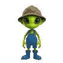 cartoon green alien wearing a fishing hat and wearing blue waders